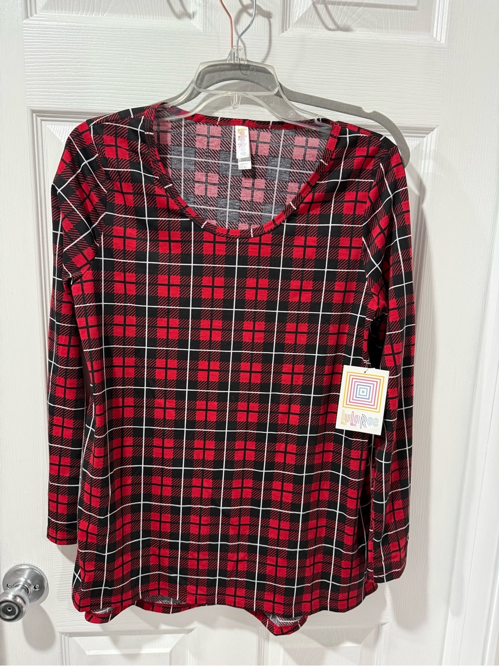 LuLaRoe Red and Black Plaid Long Sleeve Tee